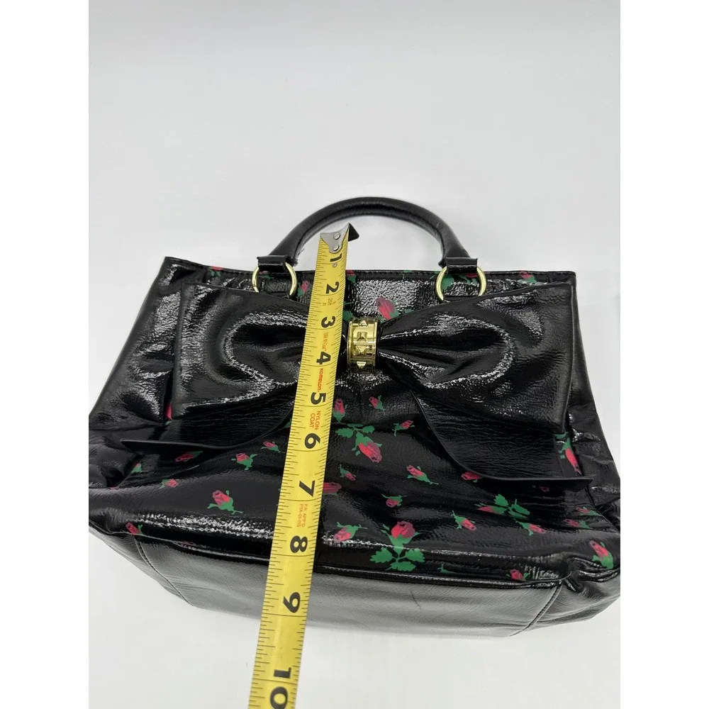Betsey Johnson Satchel Womens Small Black Excellent Rose Print Bow Patent Bag